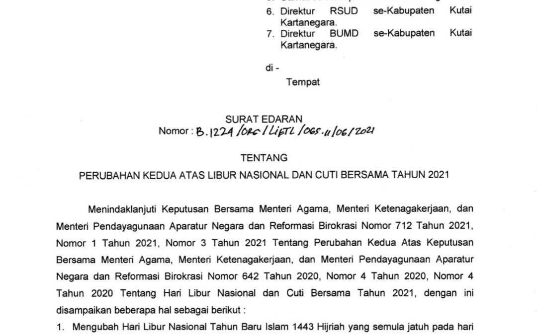 PERUBAHAN KEDUA ATAS LIBUR NASIONAL DAN CUTI BERSAMA TAHUN 2021