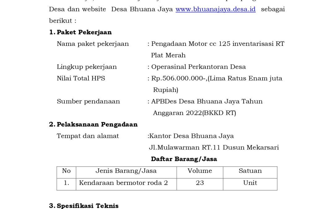 PENGUMUMAN LELANG PENGADAAN KENDARAAN OPERASIONAL RT